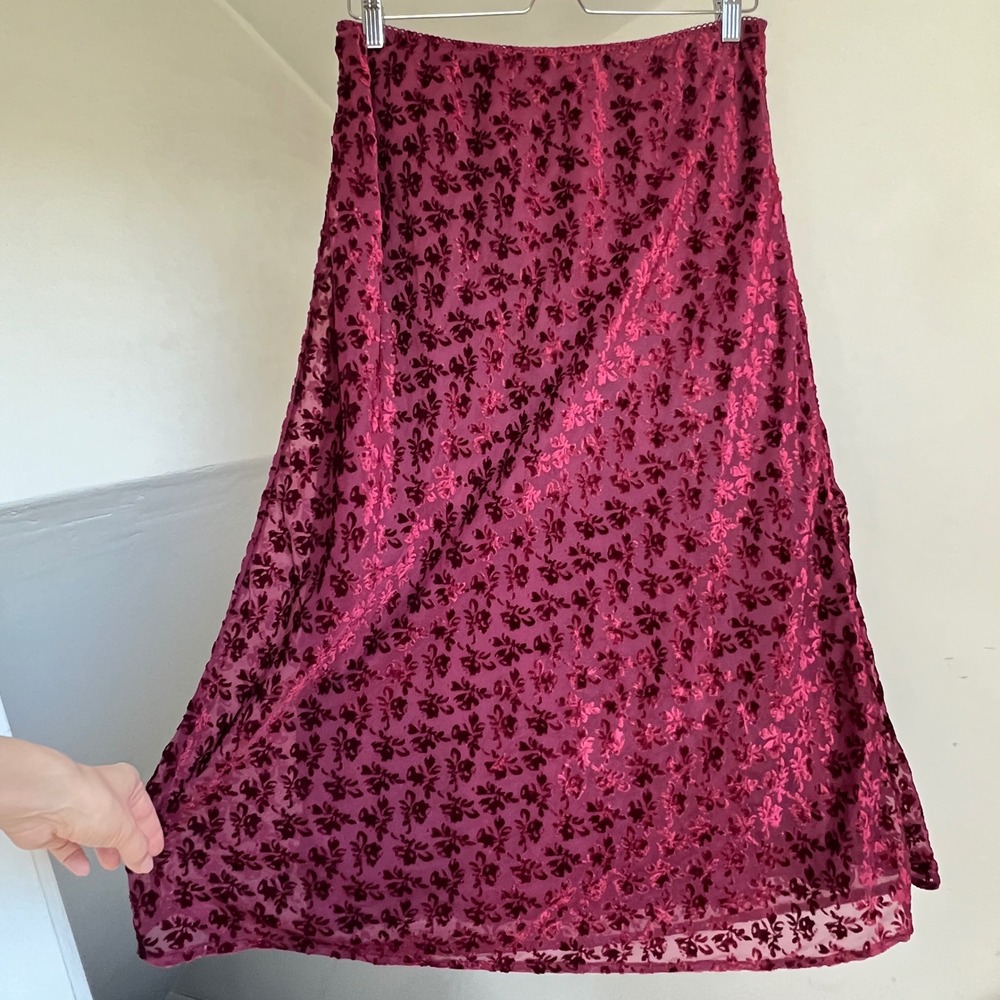 Gap Velvet Burnout Midi Skirt Burgundy Red Floral Devore A-Line Elastic Waist
